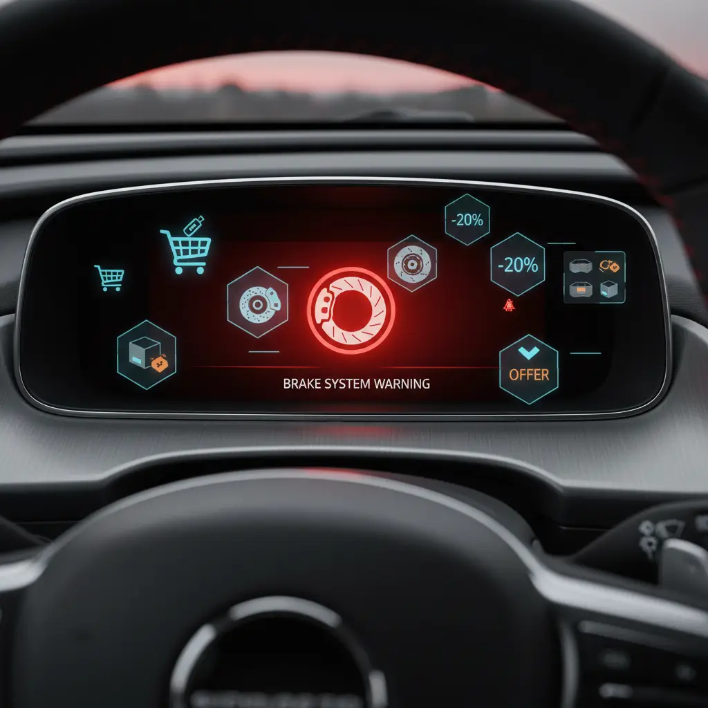 Crvena lampica kočionog sustava svijetli na ploči s instrumentima automobila, upozoravajući vozača na mogući kvar kočnica.