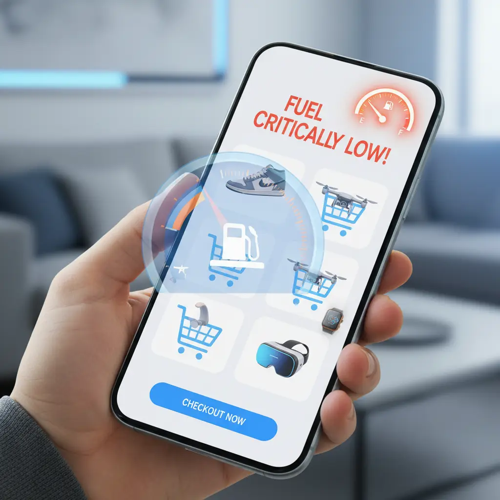 Digitalna instrument ploča automobila prikazuje žuti simbol goriva i upozorenje 