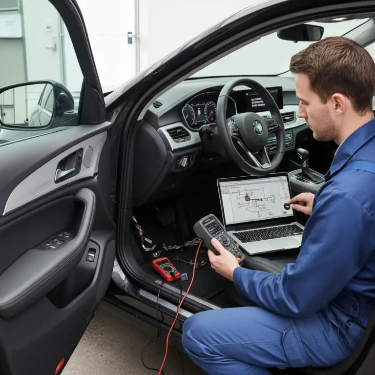 Dijagnosticiranje i popravak problema memorije sjedala pri online kupovini autodijelova; prikaz sjedala, alata i dijelova za popravak.