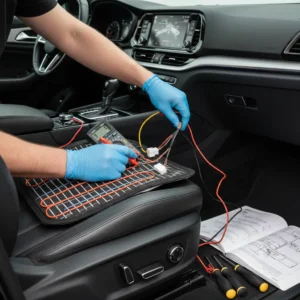 Dijagnosticiranje neispravnih grijanja sjedala: uzroci, vodič za popravak, online kupnja dijelova za auto sjedala, ilustracija alata i e-trgovine.