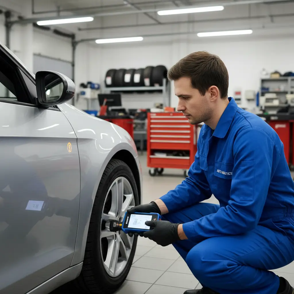 Provjera TPMS svjetla na automobilu dok se naručuju rezervni senzori za tlak u gumama putem online trgovine, ilustracija jednostavne dijagnostike.