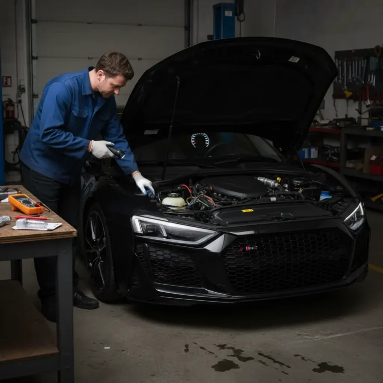 Vožnja noću, vozač pokušava uključiti duga svjetla, ali ne rade; simbol žarulje, online kupovina rezervnih dijelova.