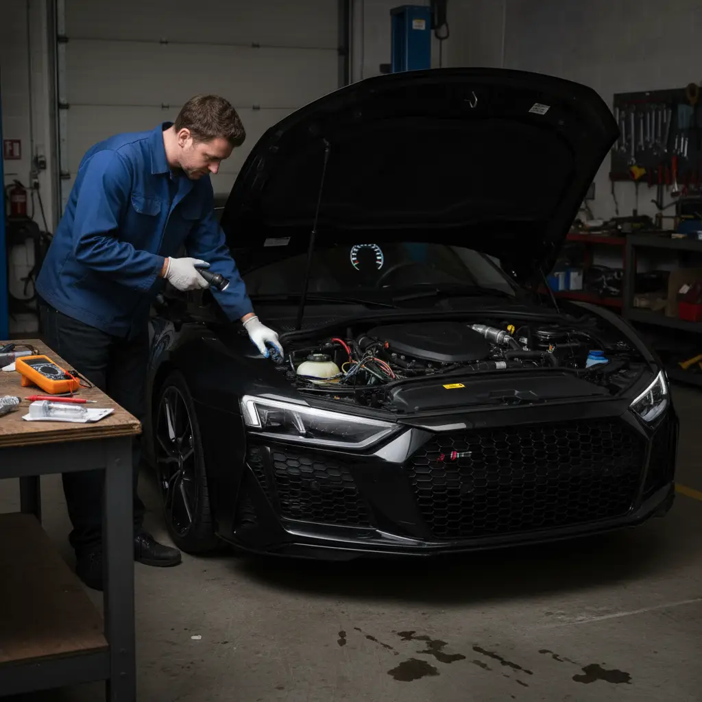 Vožnja noću, vozač pokušava uključiti duga svjetla, ali ne rade; simbol žarulje, online kupovina rezervnih dijelova.