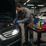 Vozač provjerava neispravna duga svjetla na automobilu, tražeći uzrok i rješenje problema putem online trgovine za auto dijelove.