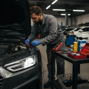Vozač provjerava neispravna duga svjetla na automobilu, tražeći uzrok i rješenje problema putem online trgovine za auto dijelove.