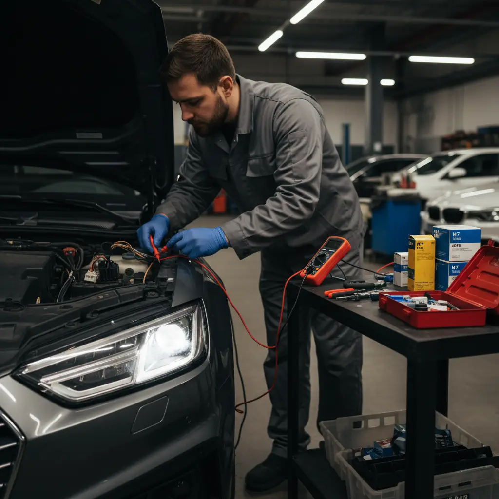 Vozač provjerava neispravna duga svjetla na automobilu, tražeći uzrok i rješenje problema putem online trgovine za auto dijelove.