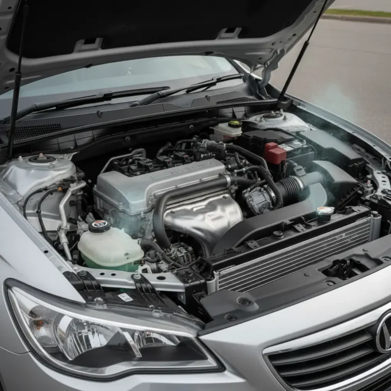 Automobil stoji na parkiralištu, vozač provjerava razinu rashladne tekućine, nema vidljivog curenja, upitnik iznad haube, online kupovina dijelova.
