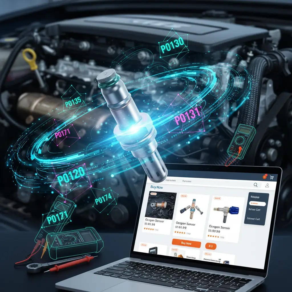 Ilustracija automobilskog motora s označenim položajem lambda sonde i prikazom dijagnostičkog uređaja koji pokazuje kod greške.