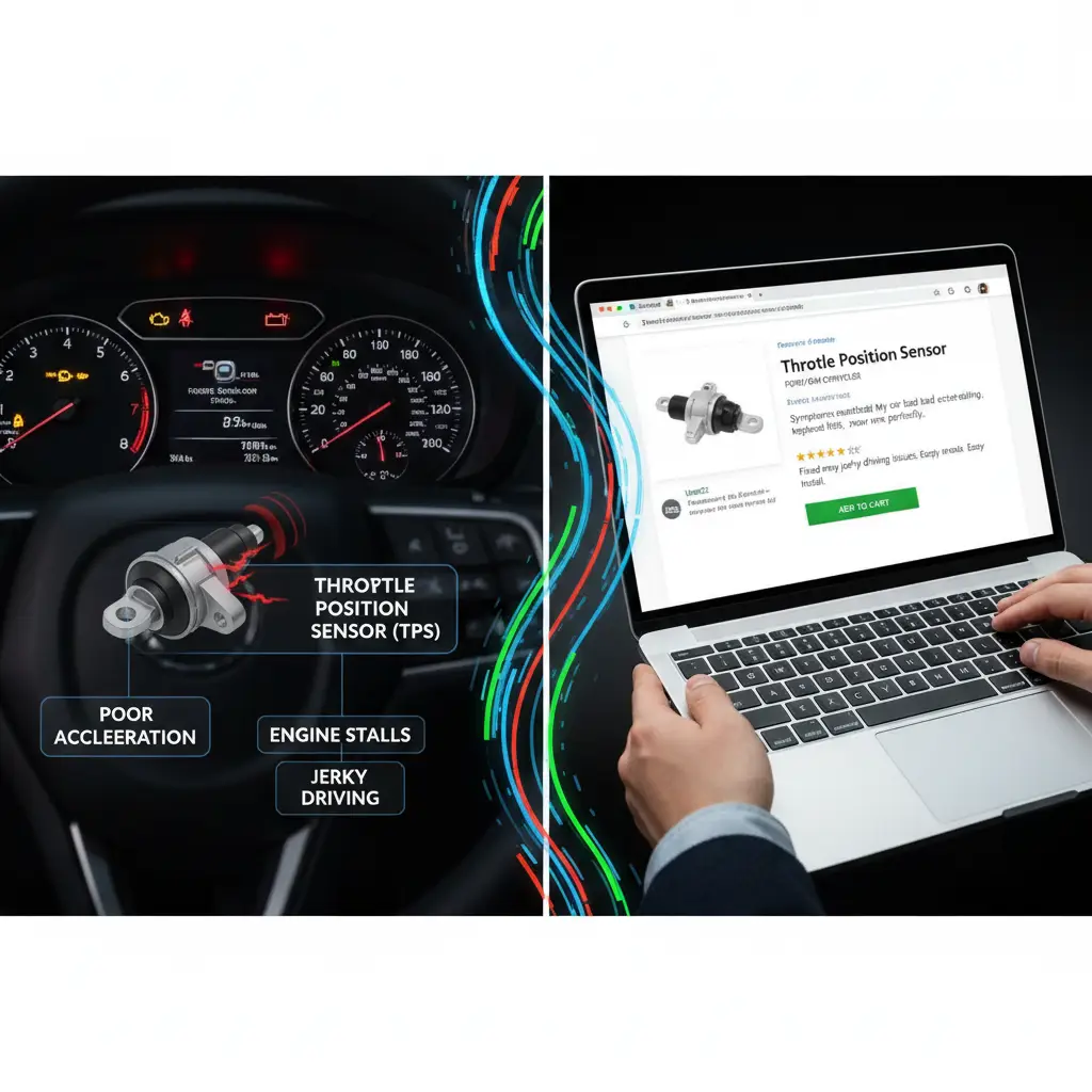 Ilustracija prikazuje automobilsku kontrolnu ploču s upaljenom lampicom za motor, dok strelica pokazuje na senzor položaja leptira gasa smješten ispod haube.