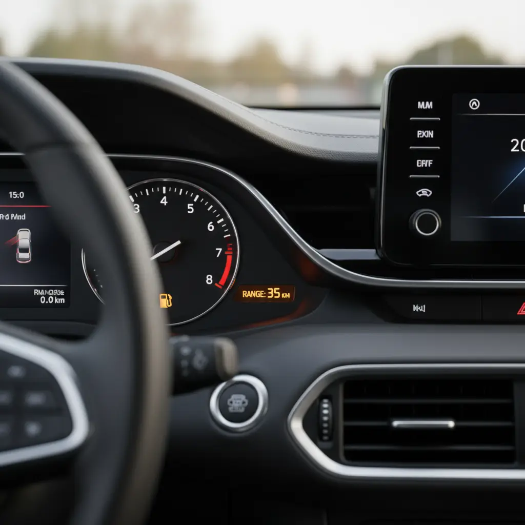 Pokazatelj niske razine goriva u automobilu, simbolizira važnost praćenja zaliha tijekom online kupovine i pravovremene narudžbe proizvoda.