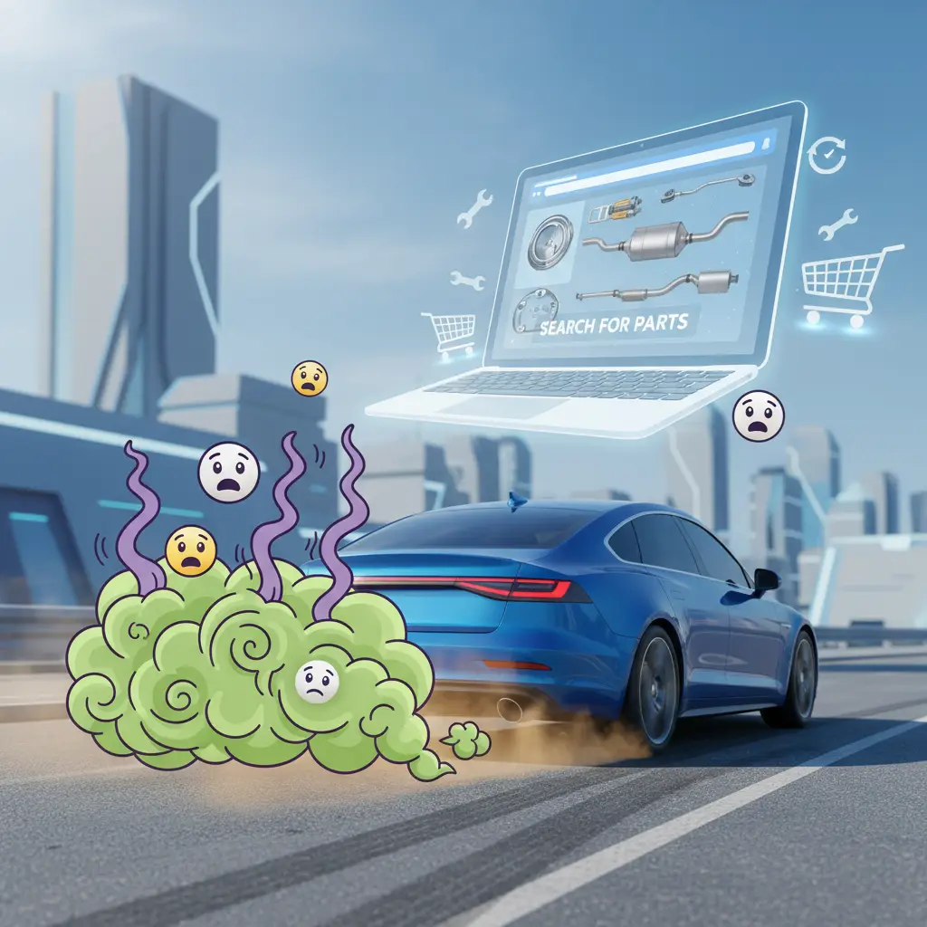 Ispod automobila izlazi gust bijeli dim iz auspuha, a vozač zabrinuto promatra izvor neugodnog mirisa koji podsjeća na pokvarena jaja.