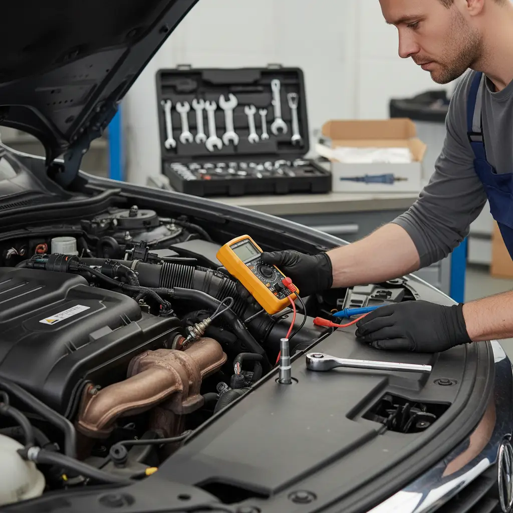 Testiranje i zamjena O2 senzora na automobilu; prikaz senzora, alata i koraka za online kupnju novog senzora.