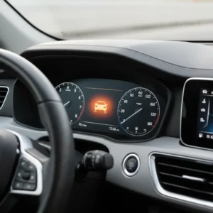 Kontrolna lampica za stabilnost vozila prikazana tijekom online kupovine auto dijelova, naglašavajući važnost sigurnosti i ispravnosti elektronskih sustava.