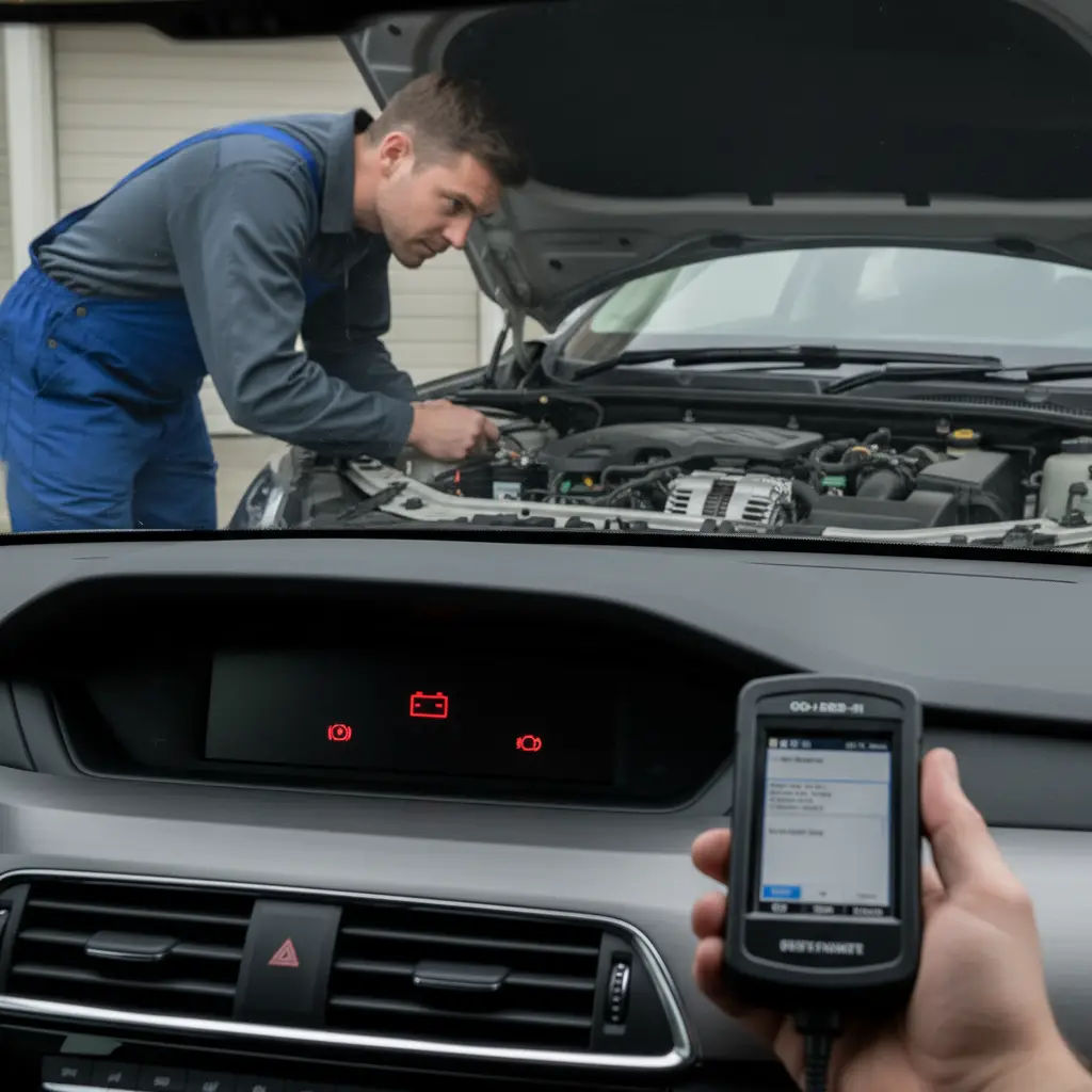 Simbol akumulatora svijetli na kontrolnoj ploči automobila, ilustrira moguće uzroke i rješenja, korisno za online kupnju autodijelova.