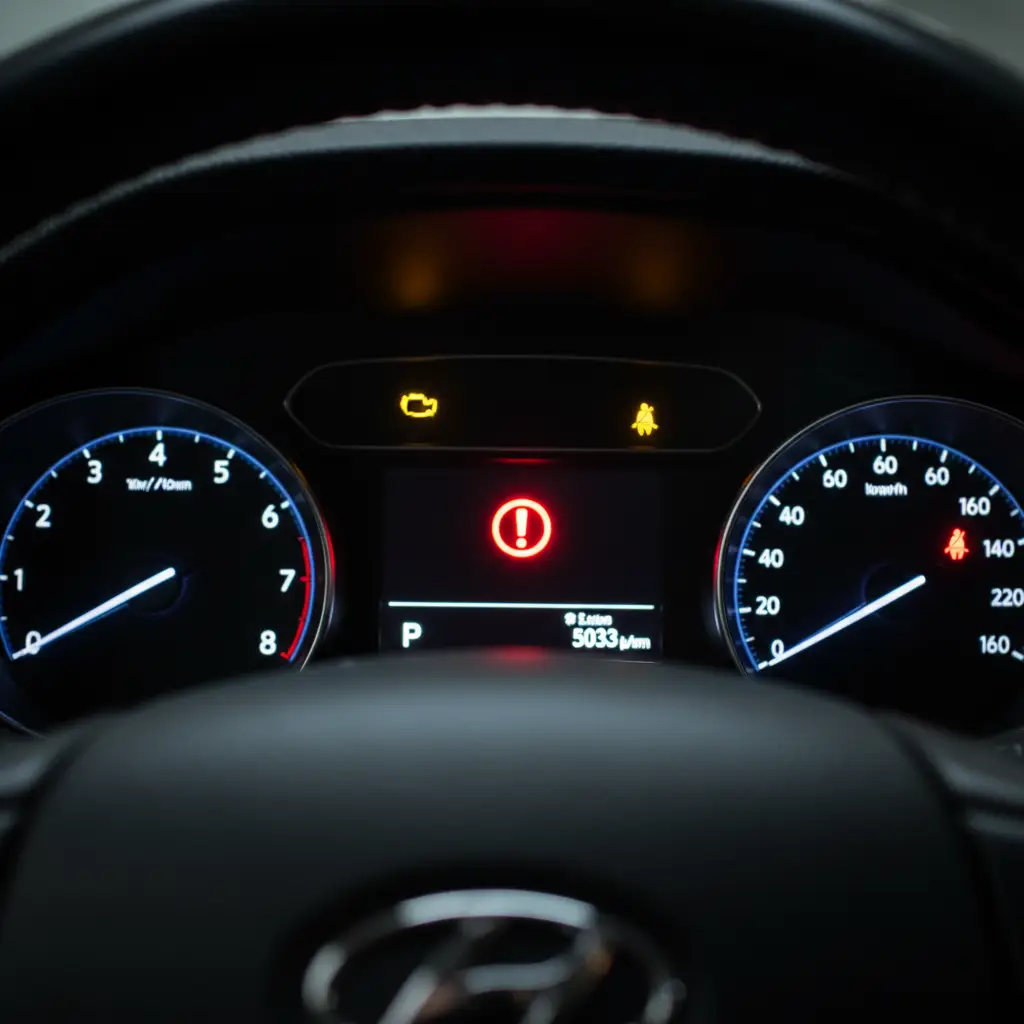 Upozorenje svjetlo kočionog sustava na online trgovini autodijelova, simbolizira važnost sigurnosnih komponenti prilikom kupovine putem interneta.