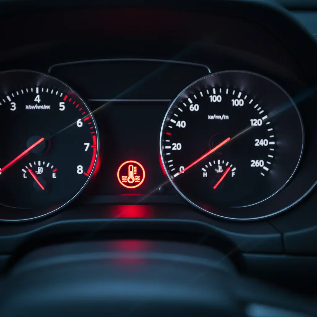 Lampica upozorenja temperature motora, simbol crvenog termometra na instrument tabli, važna za online kupovinu autodijelova i sigurnost vožnje.