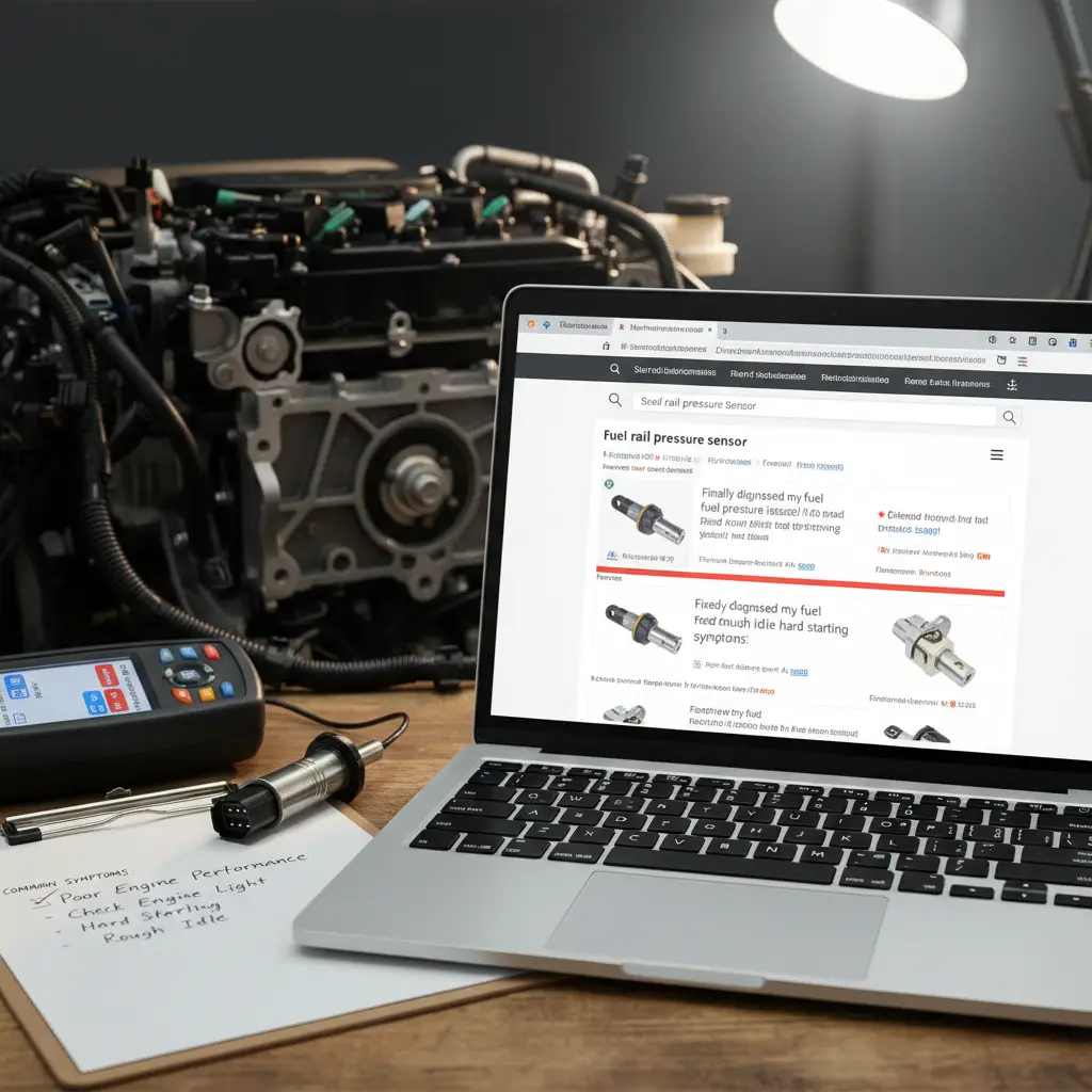 Mehaničar koristi dijagnostički alat za provjeru senzora tlaka goriva u motoru automobila, prikazujući potencijalne probleme na ekranu uređaja.