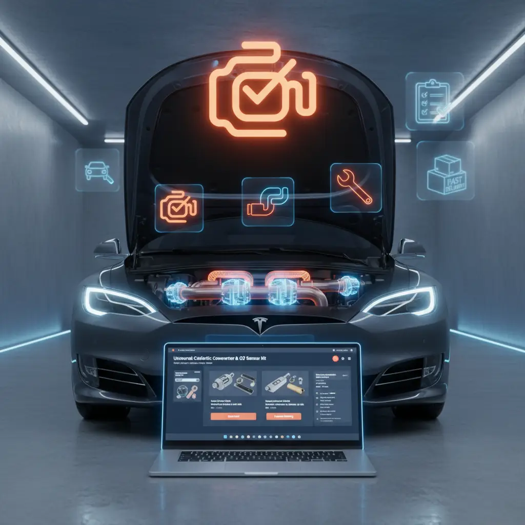 Mehaničar koristi dijagnostički uređaj za provjeru motora automobila dok je upaljena lampica za provjeru motora na instrument tabli, ukazujući na moguće probleme s ispušnim plinovima ili emisijama.