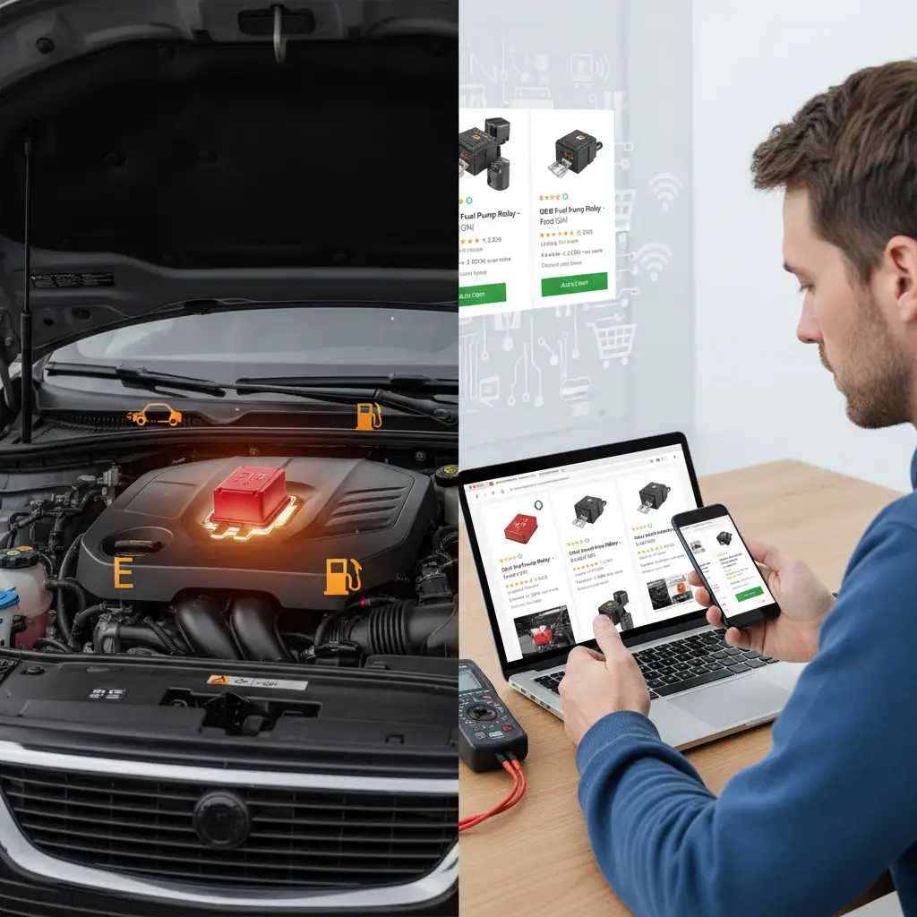 Mehaničar koristi multimetar za provjeru releja pumpe za gorivo u automobilskoj električnoj kutiji, uz prikazane osnovne simptome kvara.