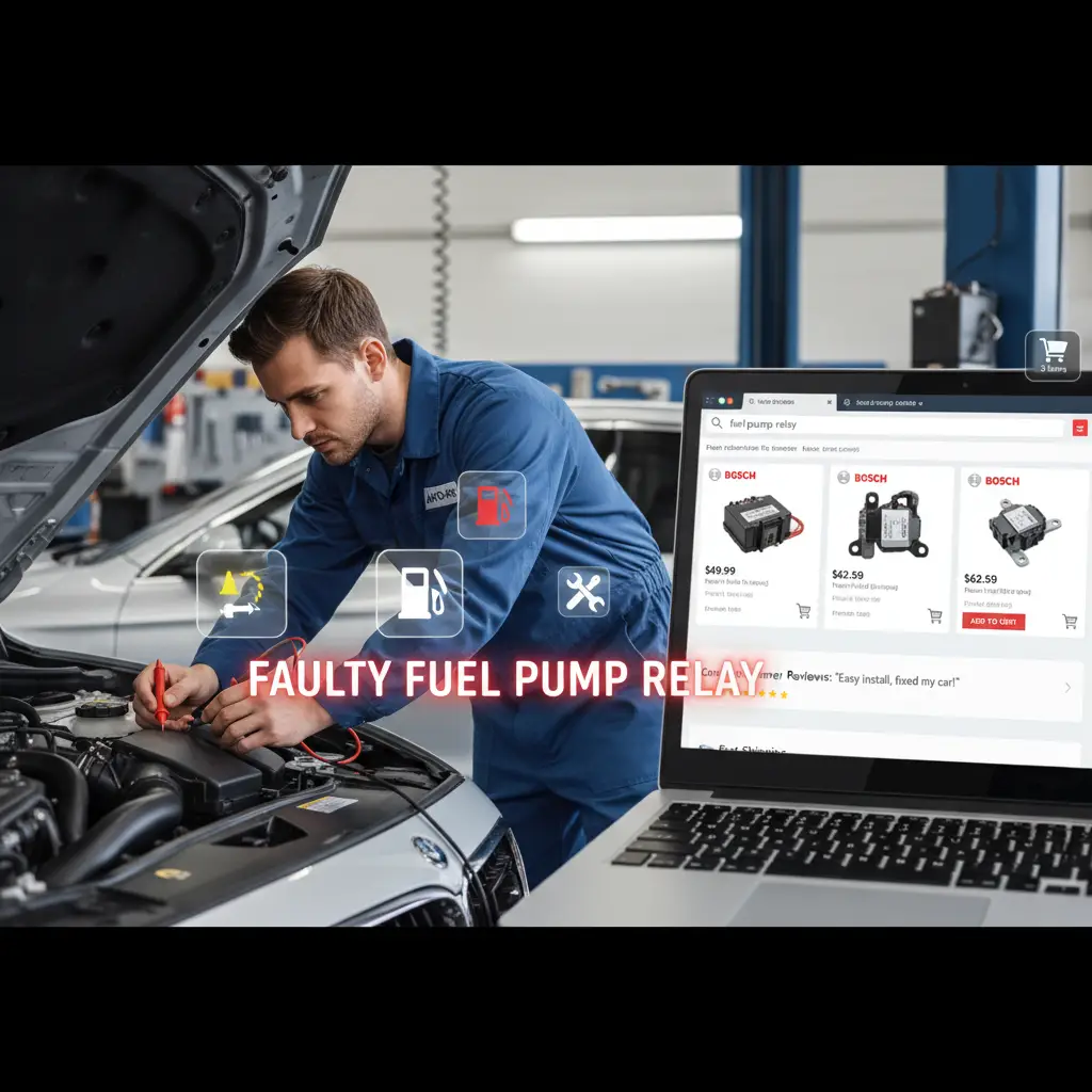Mehaničar koristi multimetar za testiranje releja pumpe za gorivo u automobilu, dok su dijagram i alati vidljivi na radnom stolu.