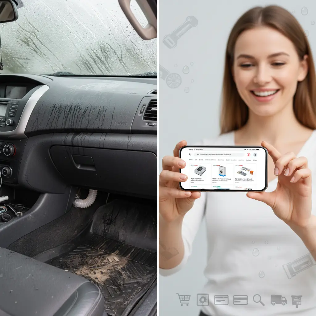 Mehaničar koristi tanku žicu kako bi očistio začepljenu odvodnu cijev klima uređaja ispod automobila, dok voda kaplje na pod.