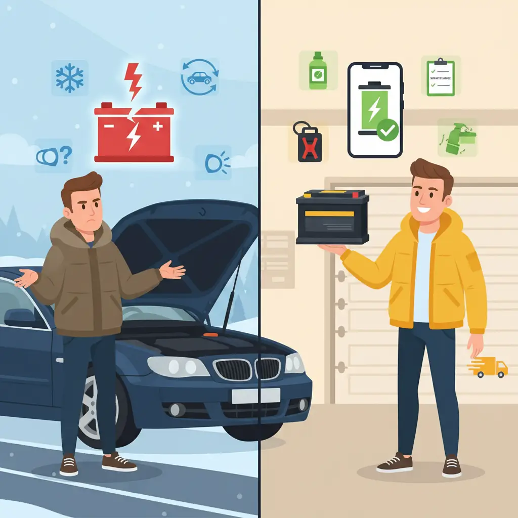 Mehaničar otvara haubu automobila i provjerava akumulator, okružen alatima, dok na ploči stoje znakovi upozorenja poput korozije, starih kabela i niskog napona.