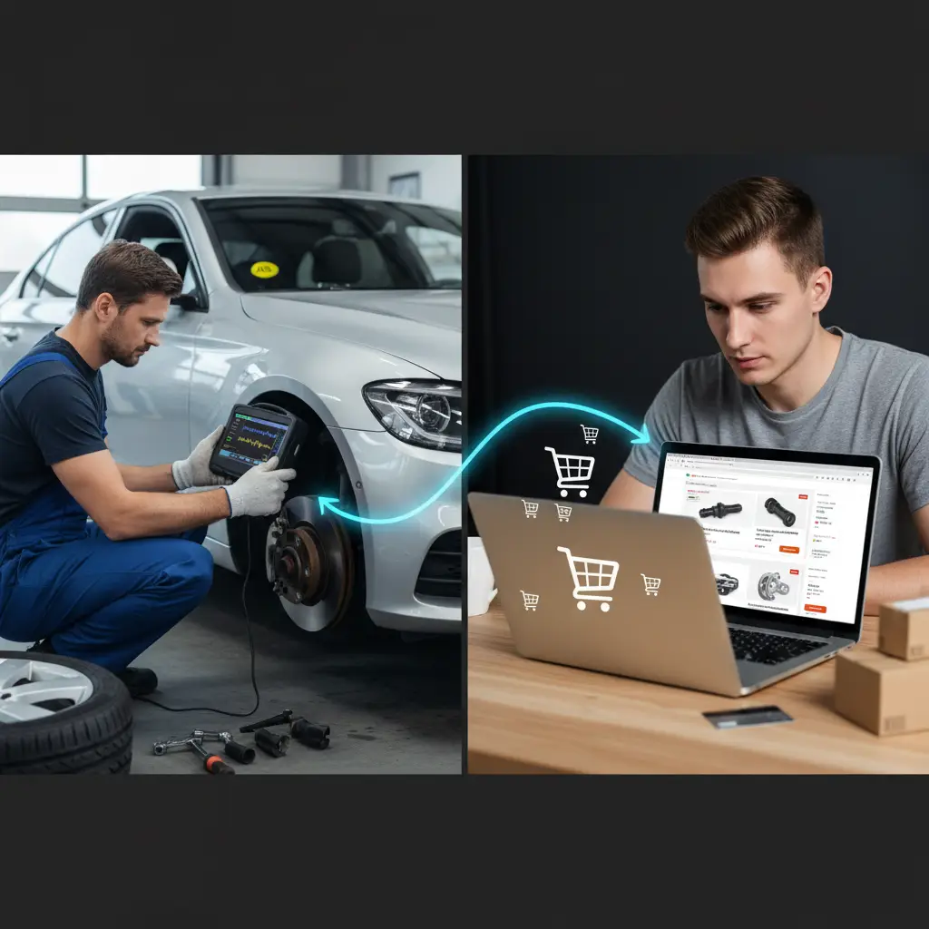 Mehaničar pregledava ABS senzor kotača na automobilu koristeći multimetar, s prikazom dijagnostičke opreme i kotača vozila.