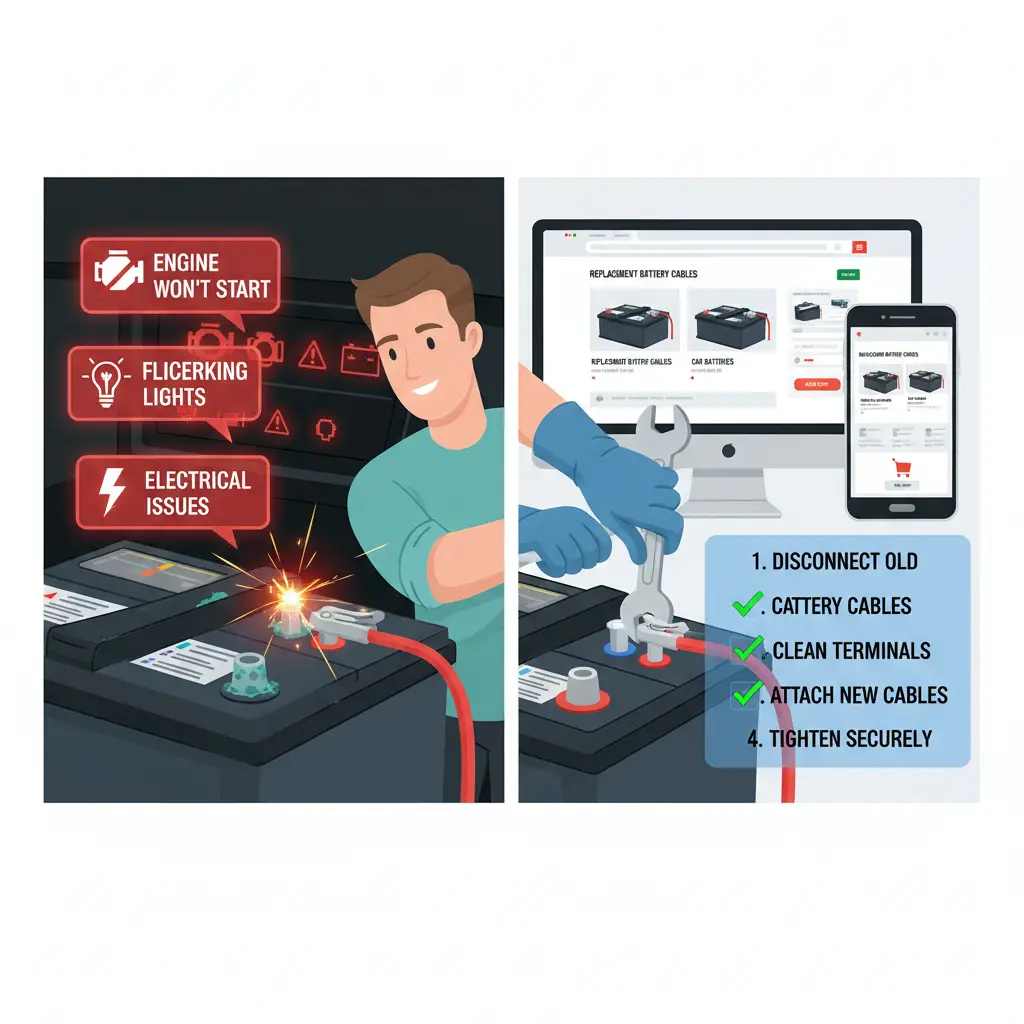 Mehaničar pregledava akumulatorske kablove u automobilu, tražeći znakove labavih ili oštećenih spojeva. Ilustracija prikazuje korake za zatezanje i čišćenje kablova kako bi se osiguralo pravilno paljenje vozila.