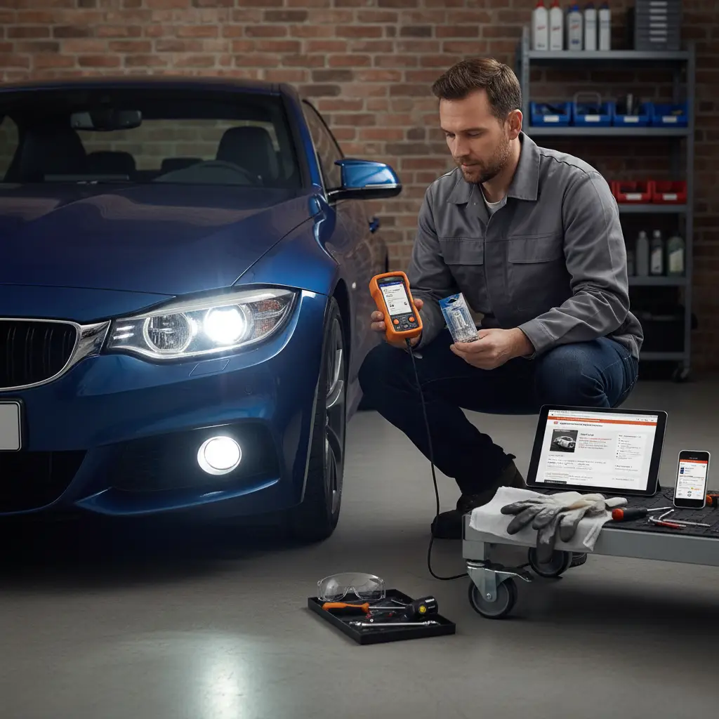 Mehaničar pregledava automobil ispod haube, koristeći multimetar za provjeru električnih spojeva maglenki koje ne rade.