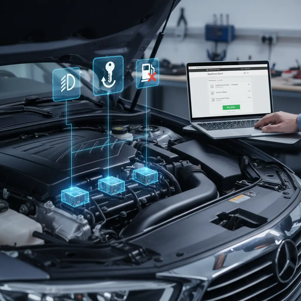 Mehaničar pregledava električni relej u automobilu, koristeći multimetar za provjeru ispravnosti komponenti ispod haube.