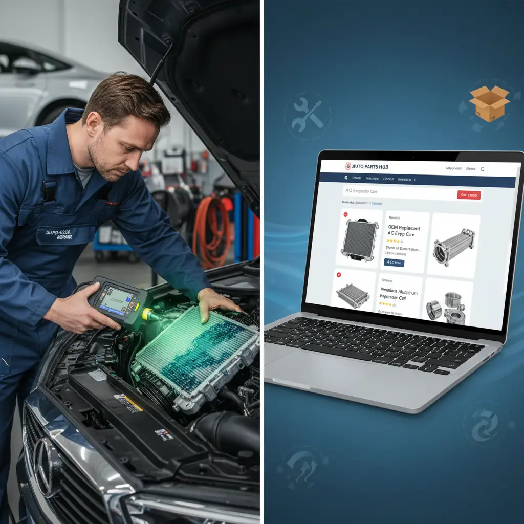 Mehaničar pregledava isparivač klima uređaja u automobilu, koristeći svjetiljku i alat za detekciju curenja rashladnog sredstva.