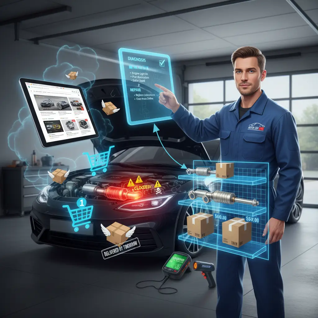 Mehaničar pregledava ispušni sustav automobila, pokazujući na katalizator dok drži dijagnostički alat u radionici. U pozadini su vidljivi alati i auto dizalica.