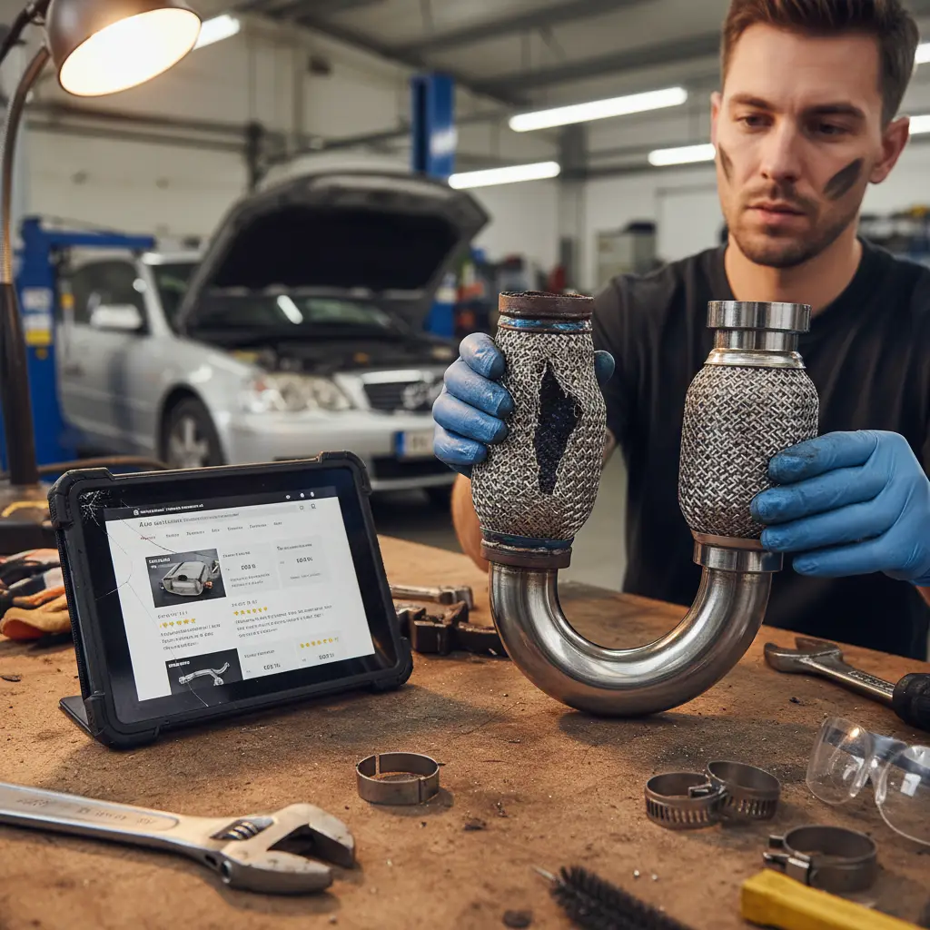 Mehaničar pregledava ispušnu cijev automobila, fokusirajući se na oštećeni fleksibilni dio dok koristi svjetiljku za bolju vidljivost. Na podu se nalaze alati i rezervni fleksibilni ispušni nastavak spreman za zamjenu.
