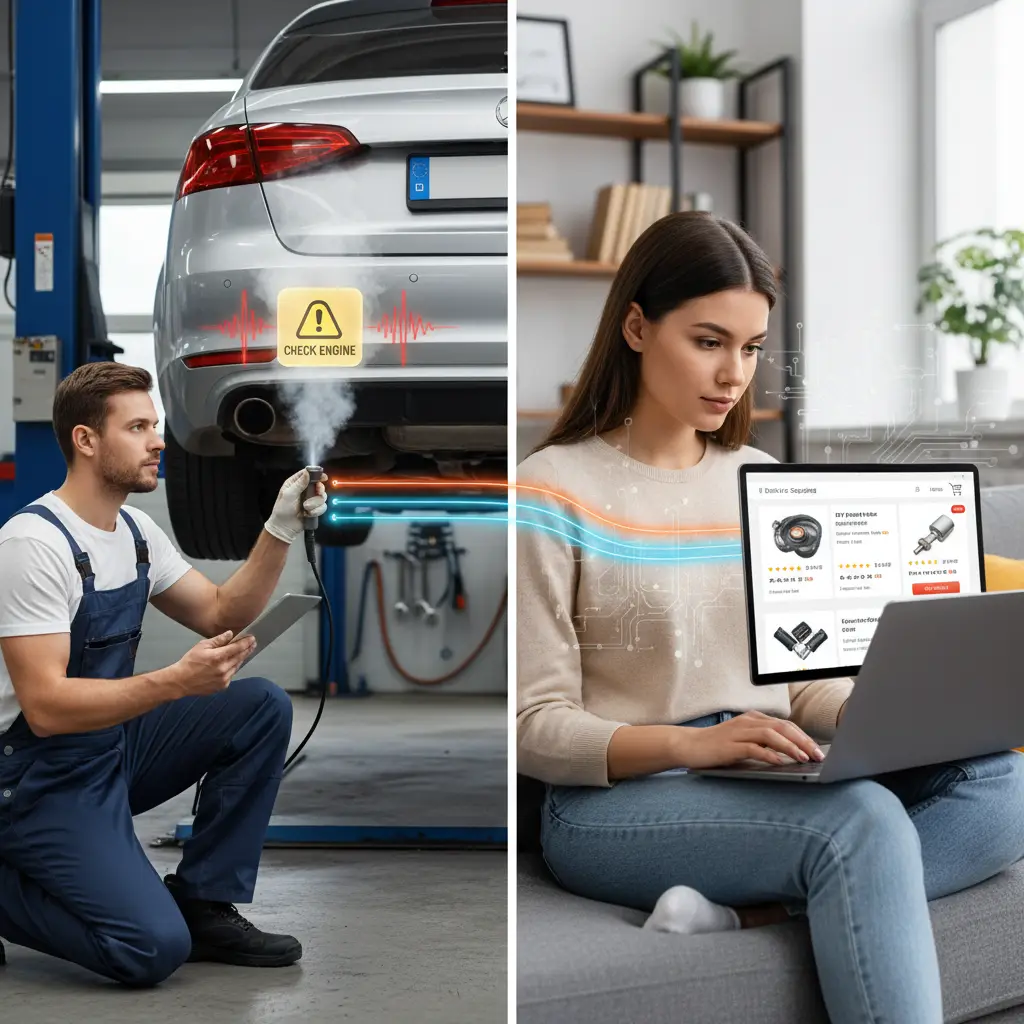 Mehaničar pregledava ispušnu cijev automobila pomoću svjetiljke kako bi otkrio curenje ispušnih plinova. Vidljiva su tamna mjesta i hrđa na ispušnom sustavu.