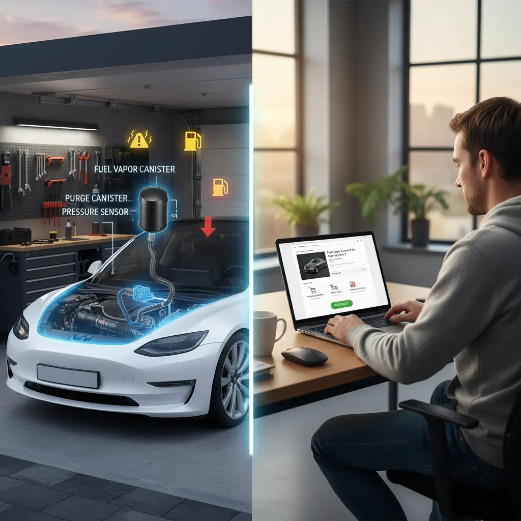 Mehaničar pregledava kanister za isparavanje goriva u automobilu, držeći alat i pokazujući na moguće curenje ili oštećenje.