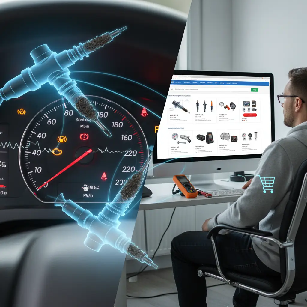 Mehaničar pregledava motor automobila dok detektor goriva pokazuje varijacije u pritisku, ilustrirajući dijagnostiku problema s ubrizgavanjem goriva.