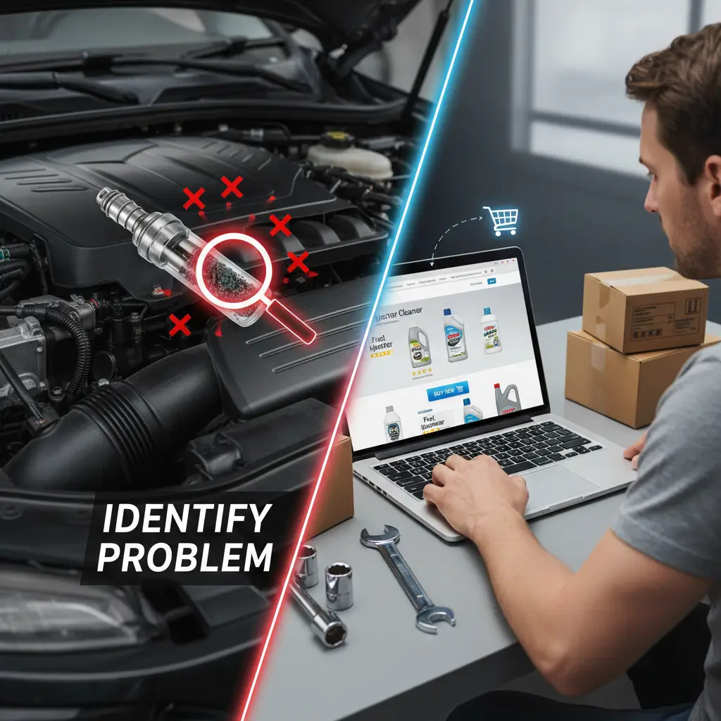 Mehaničar pregledava motor automobila i koristi alat za uklanjanje i čišćenje začepljenih injektora goriva. Na stolu su razni alati i bočica s tekućinom za čišćenje.