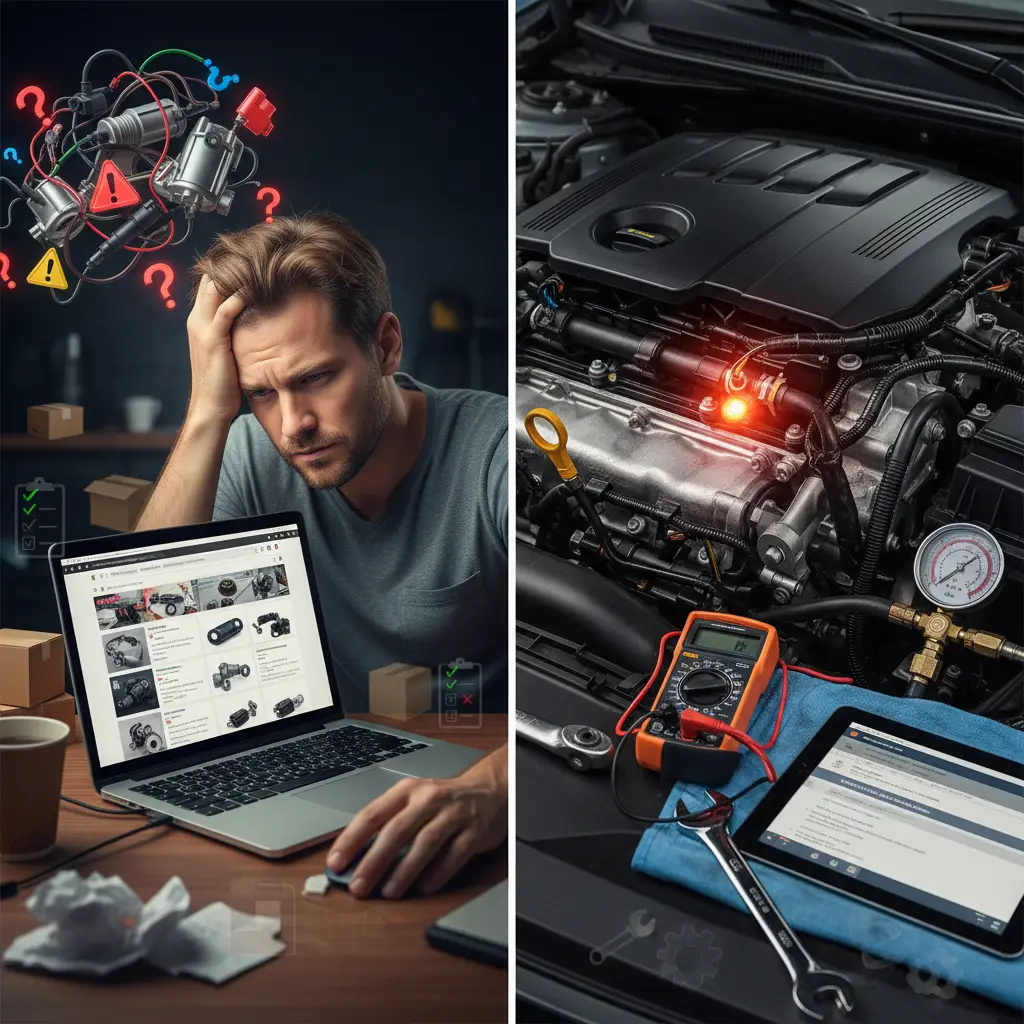 Mehaničar pregledava motor automobila koristeći multimetar kako bi dijagnosticirao neispravan senzor tlaka goriva. U pozadini su prikazani alati i dijelovi motora.
