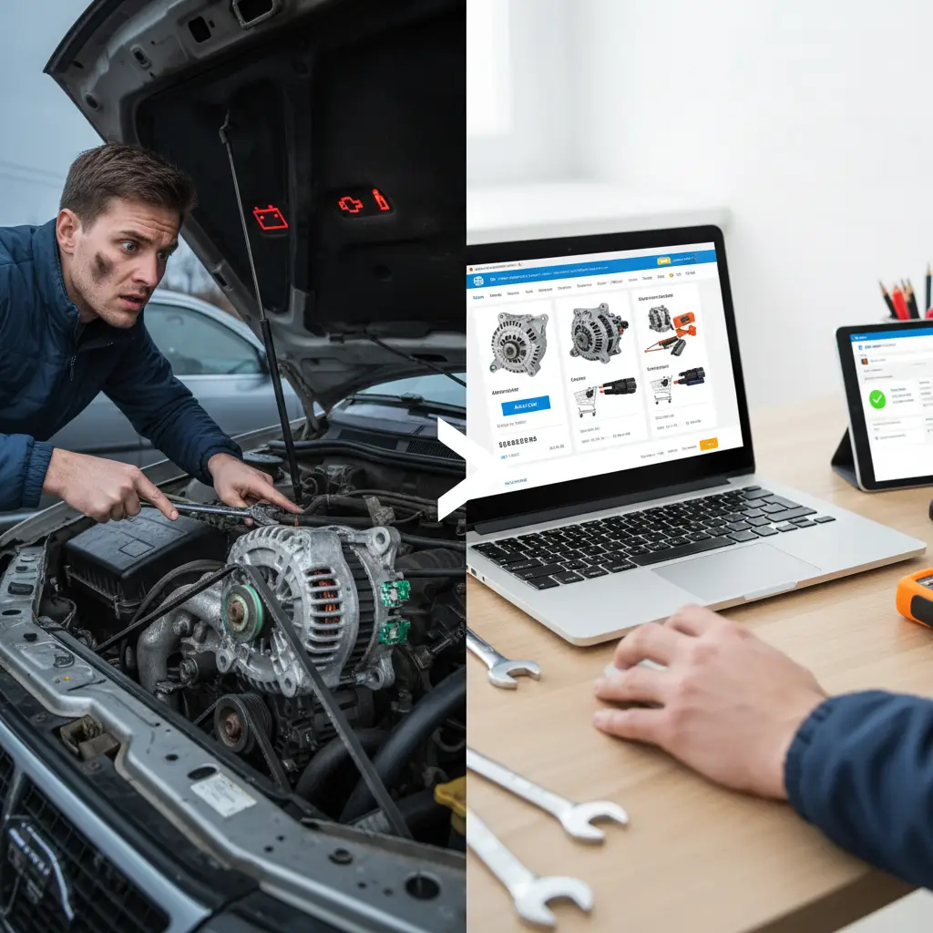 Mehaničar pregledava motor automobila s multimetrom, provjeravajući alternator zbog problema s napajanjem i upozoravajućih lampica na instrument ploči.