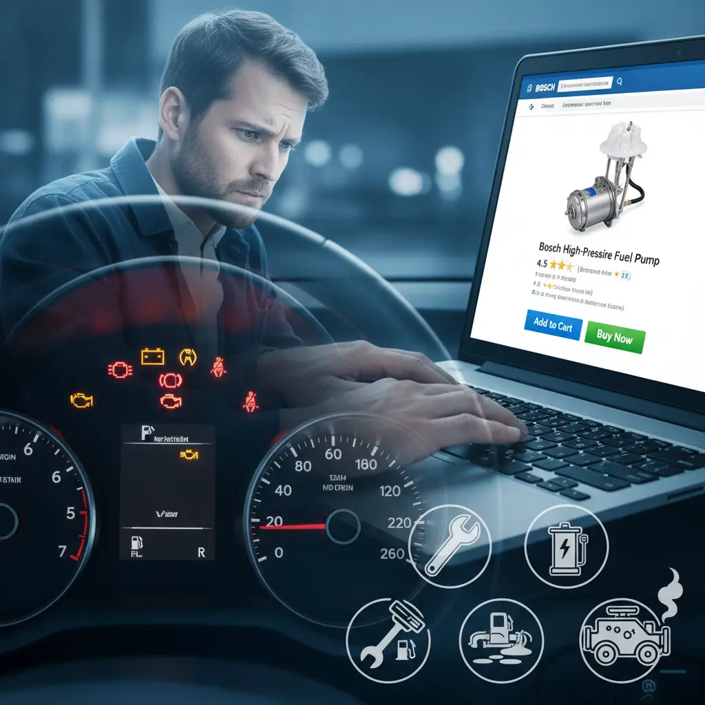 Mehaničar pregledava motor automobila s otvorenim poklopcem, pokazujući na mjesto gdje se nalazi pumpa za gorivo, dok su oko njega razni alati i dijagnostička oprema.