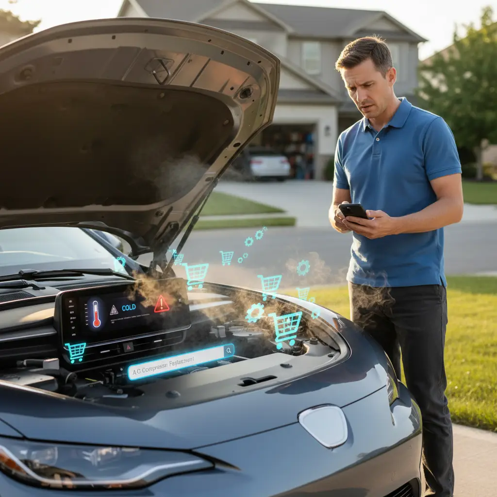 Mehaničar pregledava motor automobila s otvorenom haubom dok klima uređaj puše topli zrak na praznom hodu. Strelice i oznake na slici ukazuju na različite dijelove A/C sustava koji mogu uzrokovati problem.