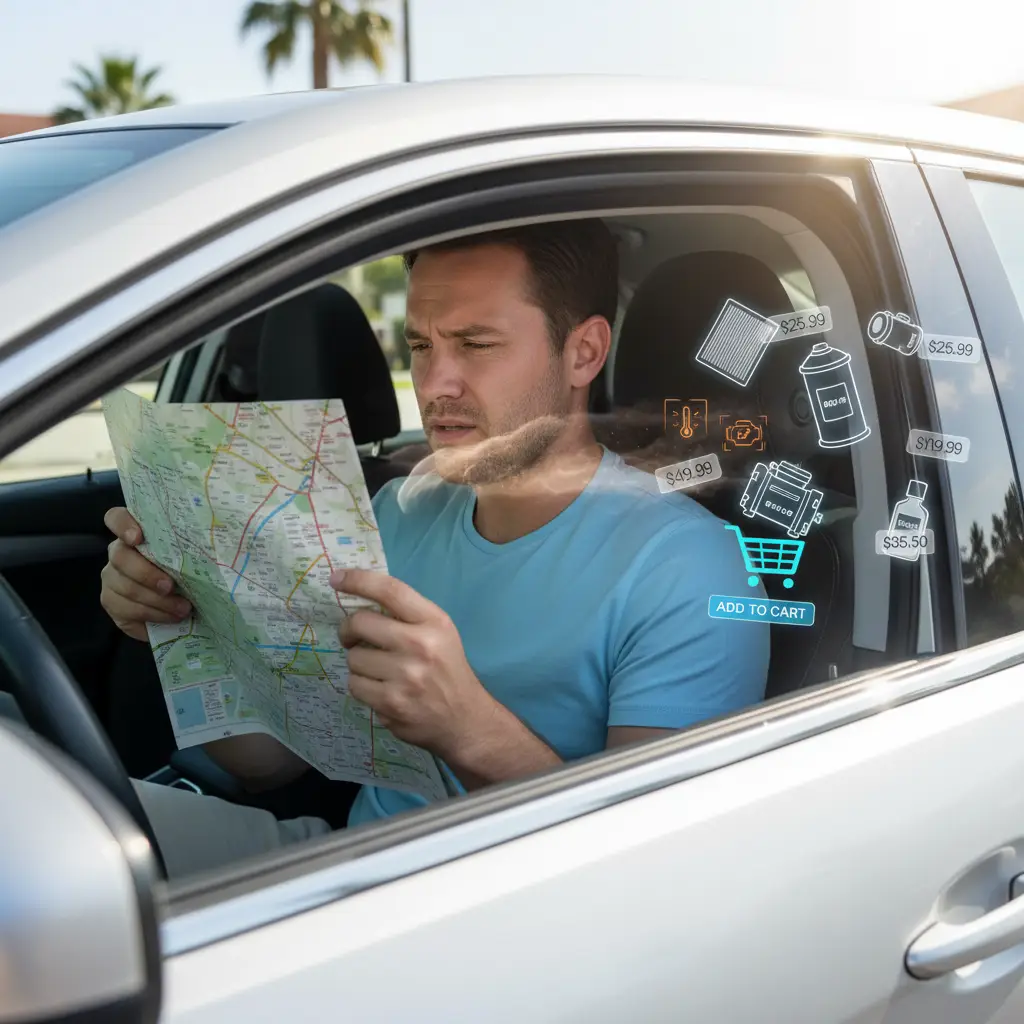 Mehaničar pregledava motor automobila s otvorenom haubom, dok klima uređaj puše topli zrak; alat i dijagnostički uređaj nalaze se uz vozilo.