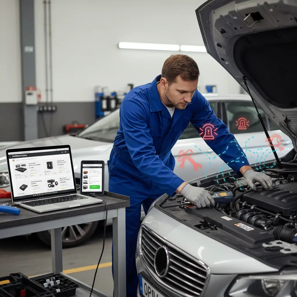 Mehaničar pregledava motor automobila s otvorenom haubom, držeći dijagnostički uređaj uz senzor protoka zraka kako bi otkrio kvar. Na radnom stolu pored vozila nalaze se alati i zamjenski senzor.
