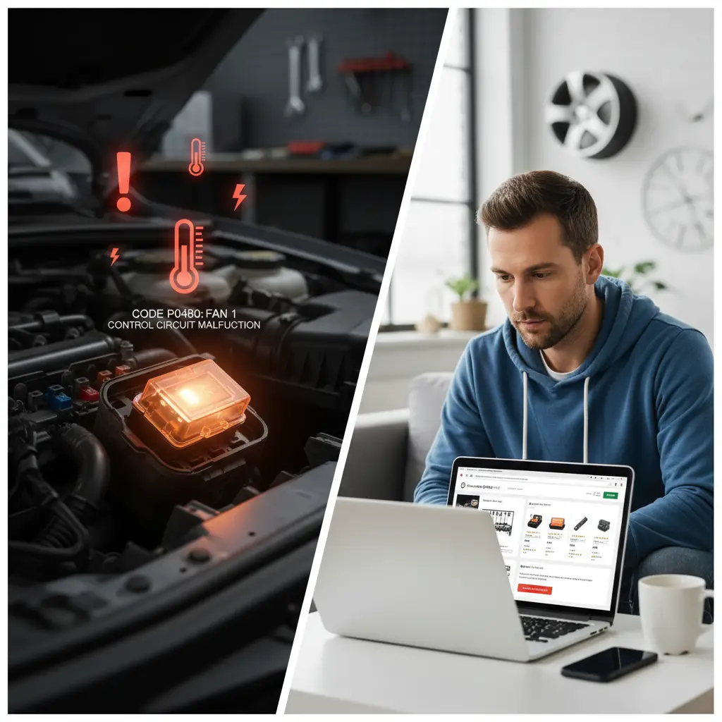 Mehaničar pregledava motor automobila s otvorenom haubom, fokusirajući se na rashladni ventilator i relej, ilustrirajući dijagnostiku kvara releja ventilatora. U pozadini su vidljive alatke i servisna radionica.