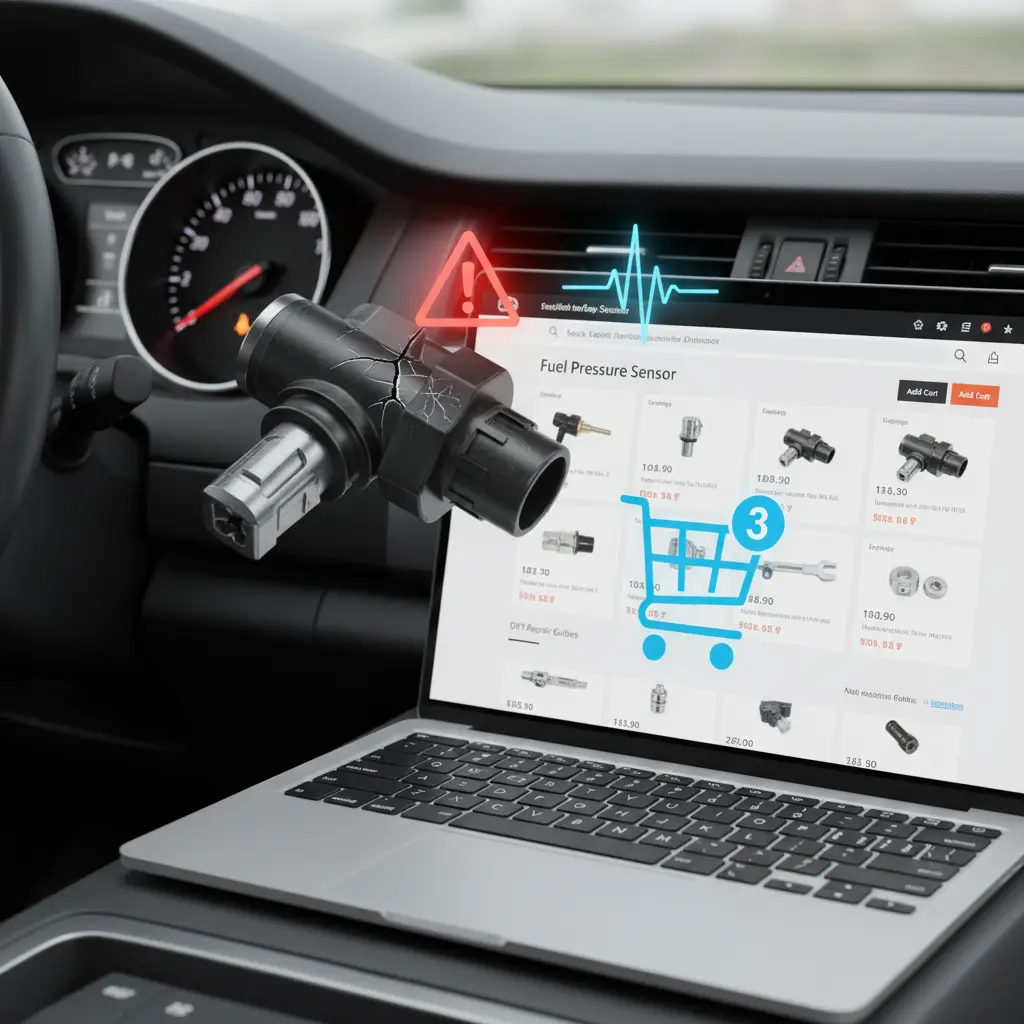 Mehaničar pregledava motor automobila s otvorenom haubom, fokusirajući se na senzor tlaka goriva s pomoću multimetra. Na stolu su razni alati i zamjenski dijelovi.