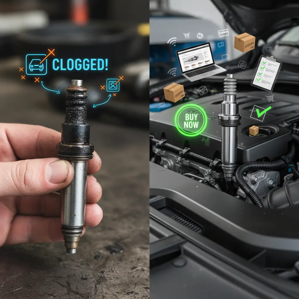 Mehaničar pregledava motor automobila s posebnim alatom za čišćenje začepljenih injektora goriva. Na stolu pored motora vide se zamijenjeni filteri i dijelovi.