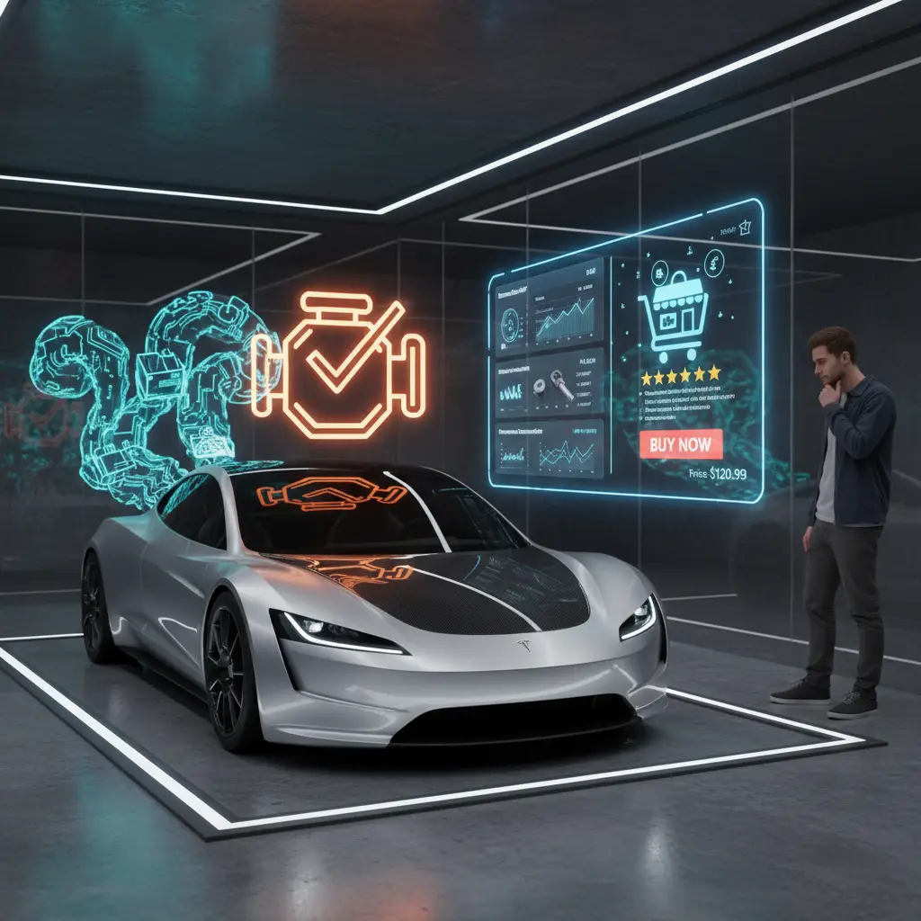 Mehaničar pregledava motor automobila s upaljenom lampicom za provjeru motora, dok dijagnostički uređaj pokazuje podatke o emisijama ispušnih plinova.