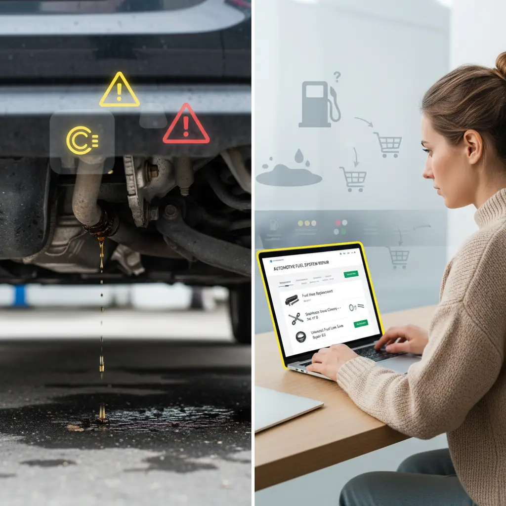 Mehaničar pregledava podvozje automobila s tragovima propuštanja goriva, dok kapljice goriva kapaju na pod radionice.
