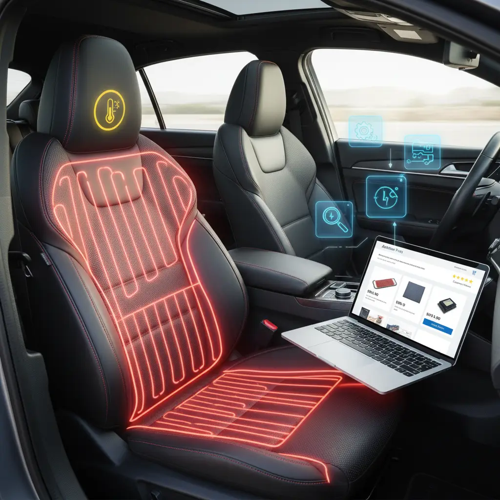 Mehaničar pregledava upravljačku ploču automobila dok koristi multimetar za dijagnosticiranje neispravnih grijaćih sjedala.