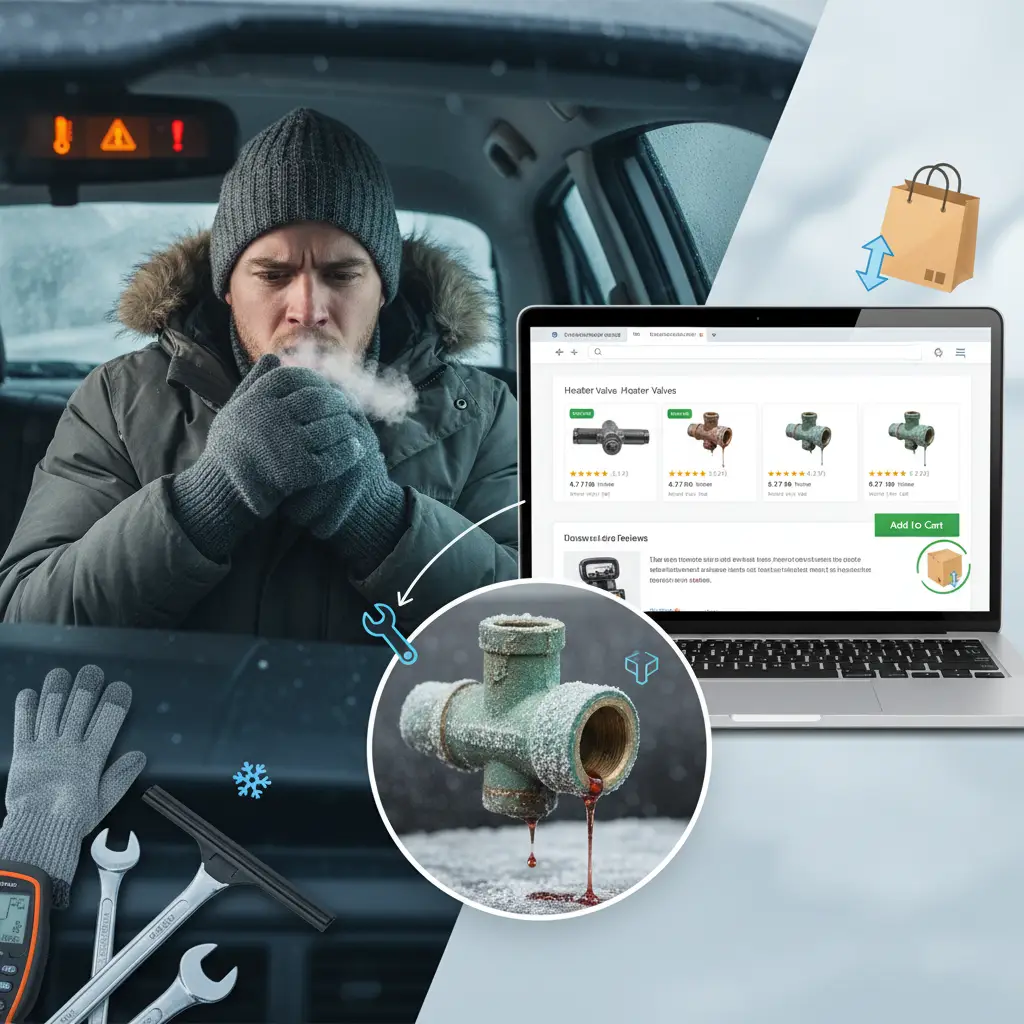Mehaničar pregledava ventil grijača u automobilu koristeći svjetiljku, dok su u blizini alati i dijelovi rashladnog sustava.